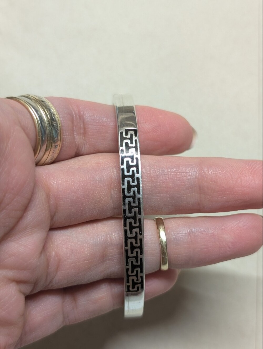 Silver Greek Geometric Inlay Black Enamel Cuff Bracelet Bangle Vintage